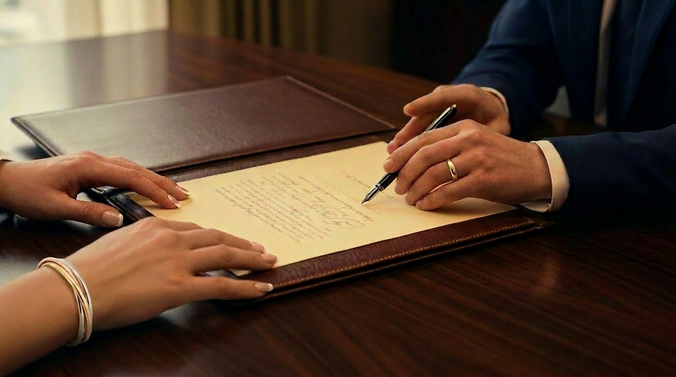 Hands across a walnut conference table reviewing a leather portfolio